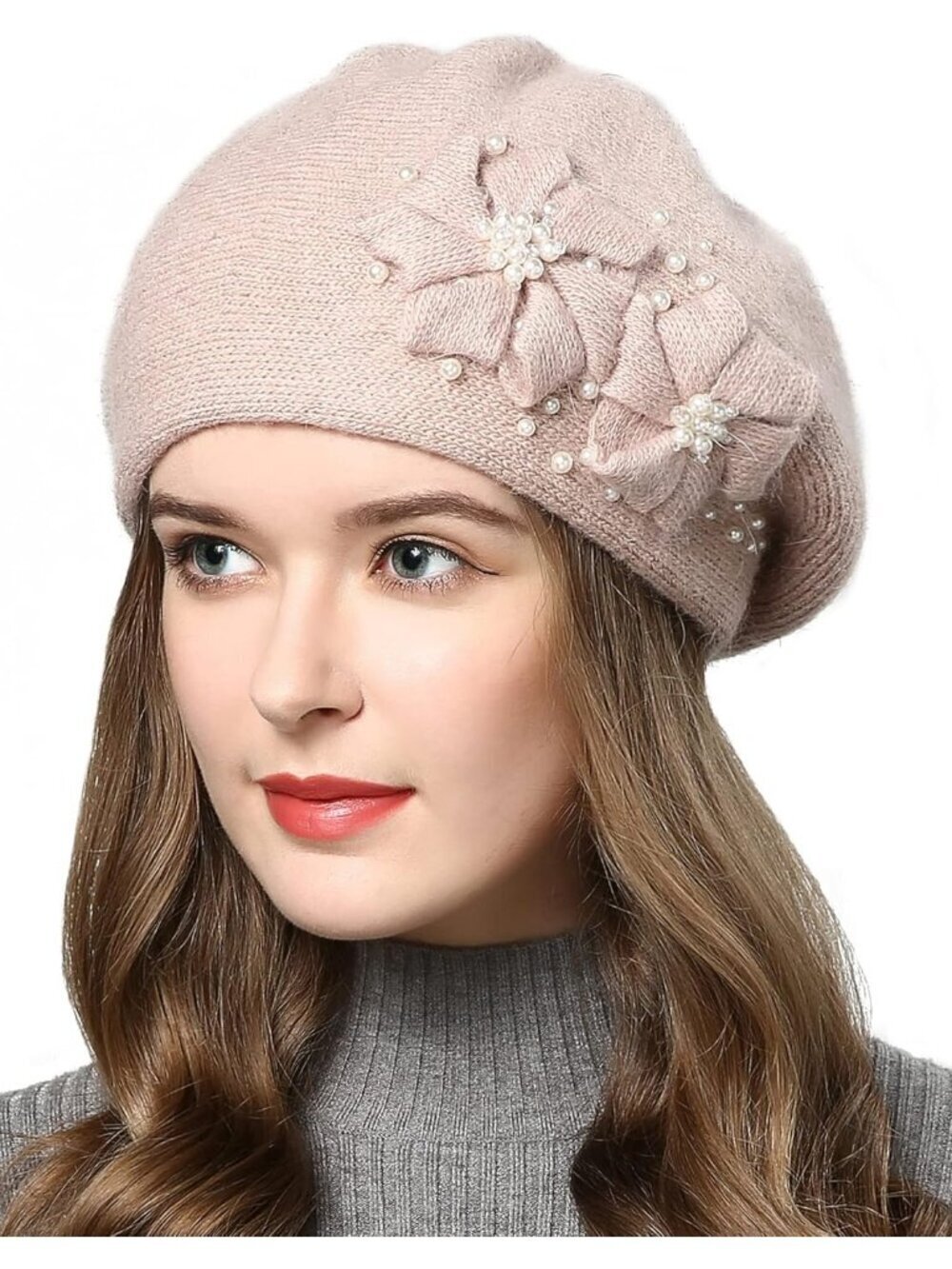 Women's Winter Knit Beret Hat Rabbit Hair French Warm Casual Beanie Hat Apricot